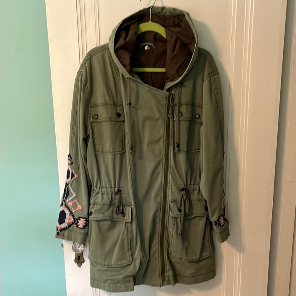 Free People Olive Utility Jacket with Embroidered Sleeves
